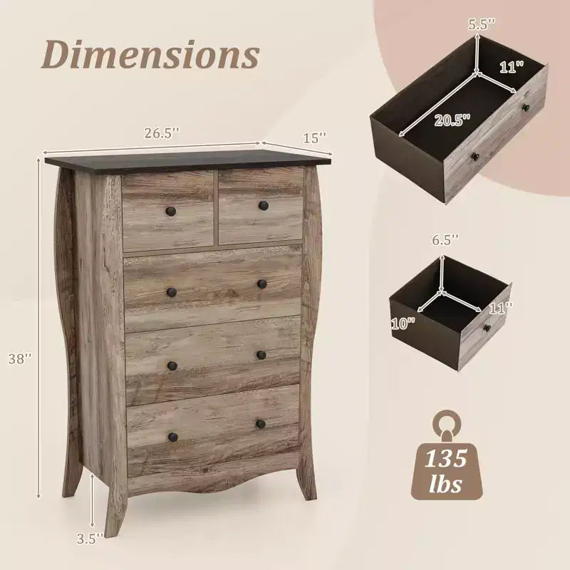 Commode de ferme avec 5 tiroirs en tissu pliable et kit anti-basculement