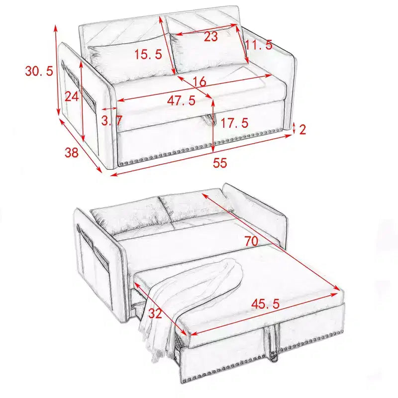 Canapé-lit convertible moderne, causeuse confortable en velours avec port USB et poches latérales, meuble peu encombrant pour salon, chambre et appartement
