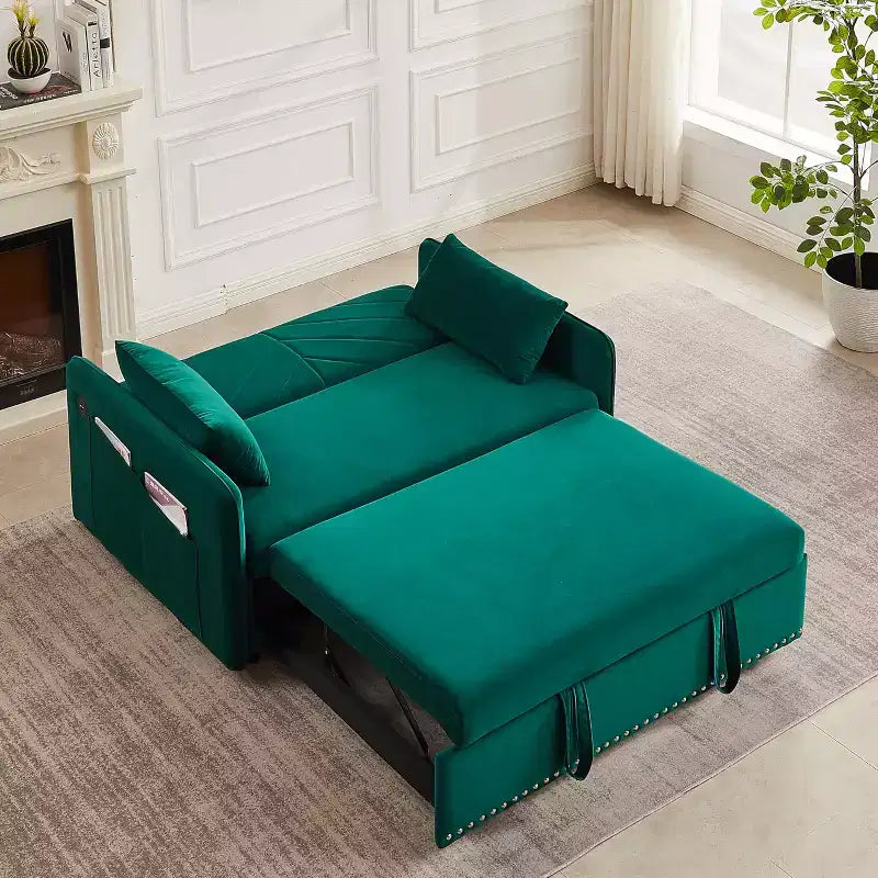 Canapé-lit convertible moderne, causeuse confortable en velours avec port USB et poches latérales, meuble peu encombrant pour salon, chambre et appartement