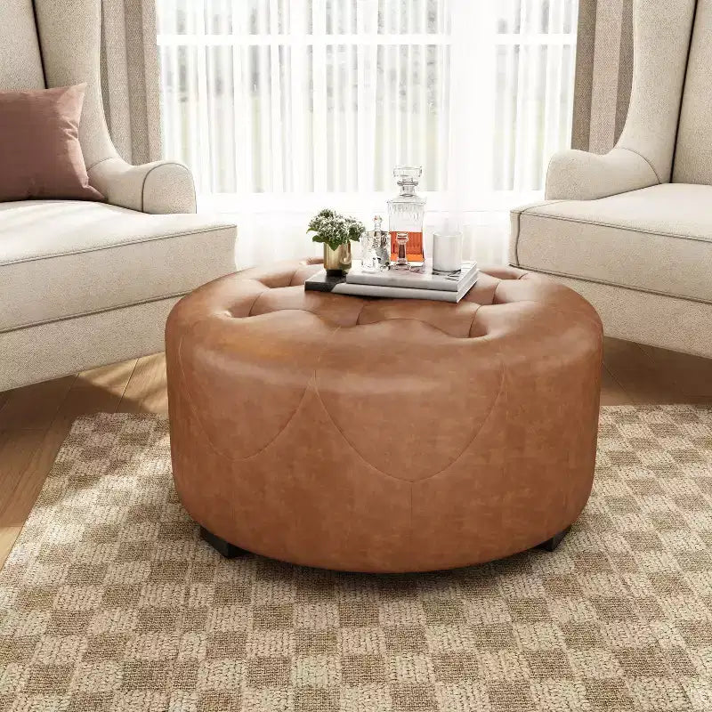 Table basse ottoman moderne ronde/carrée avec surface en cuir PU/tissu, petit repose-pieds multifonctionnel pour chambre à coucher, entrée