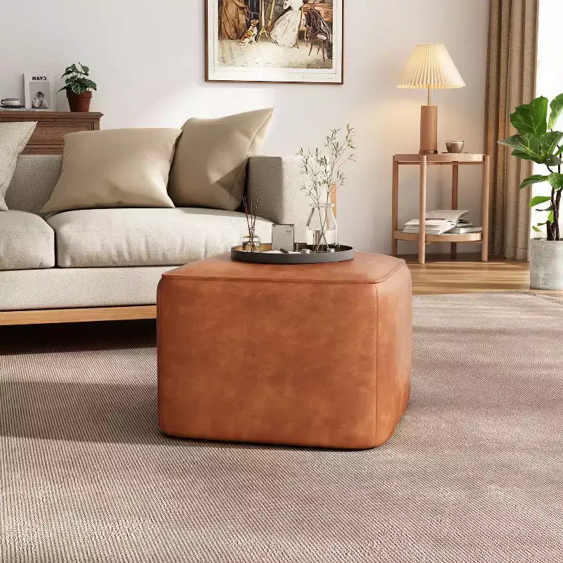 Table basse ottoman moderne ronde/carrée avec surface en cuir PU/tissu, petit repose-pieds multifonctionnel pour chambre à coucher, entrée
