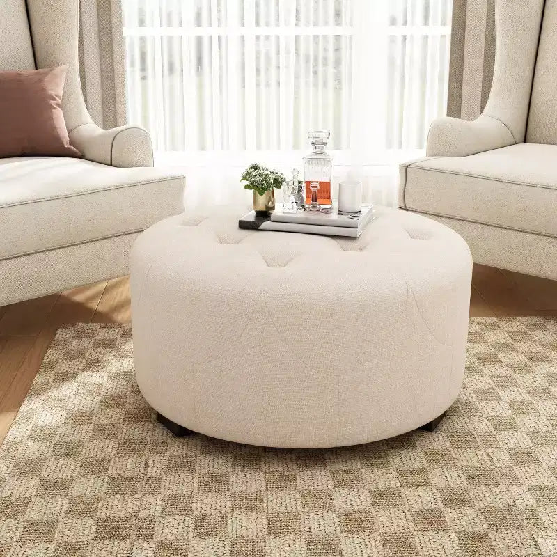 Okak Modern Round/Square Ottoman Coffee Table with PU Leather/Fabric Surface,Multi-Functional Small Footrest for Bedroom,Entryway