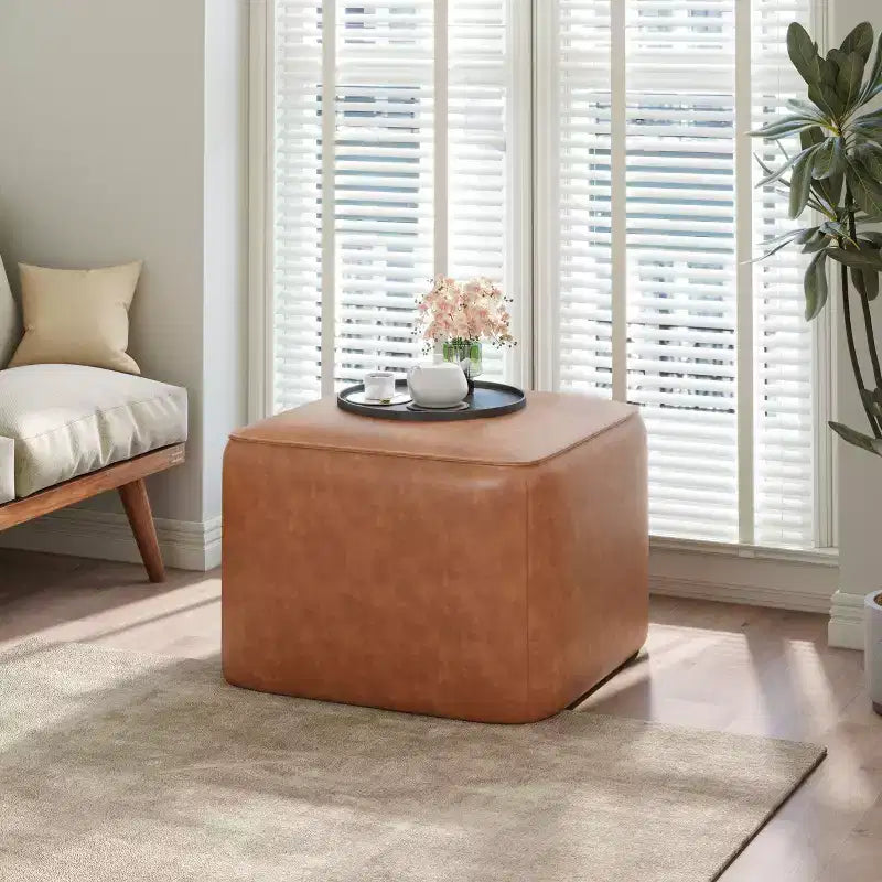 Table basse ottoman moderne ronde/carrée avec surface en cuir PU/tissu, petit repose-pieds multifonctionnel pour chambre à coucher, entrée