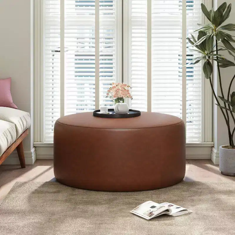 Table basse ottoman moderne ronde/carrée avec surface en cuir PU/tissu, petit repose-pieds multifonctionnel pour chambre à coucher, entrée