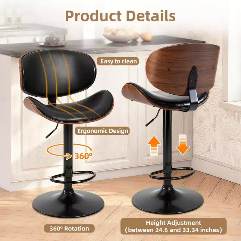 Tabourets de bar pivotants réglables en similicuir PU, lot de 2, chaises de hauteur comptoir avec dossier en bois et repose-pieds, chaise de salle à manger pour cuisine, bureau, bar
