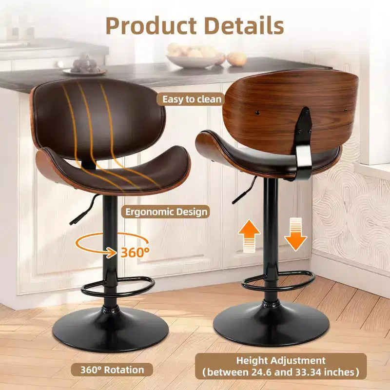 Tabourets de bar pivotants réglables en similicuir PU, lot de 2, chaises de hauteur comptoir avec dossier en bois et repose-pieds, chaise de salle à manger pour cuisine, bureau, bar