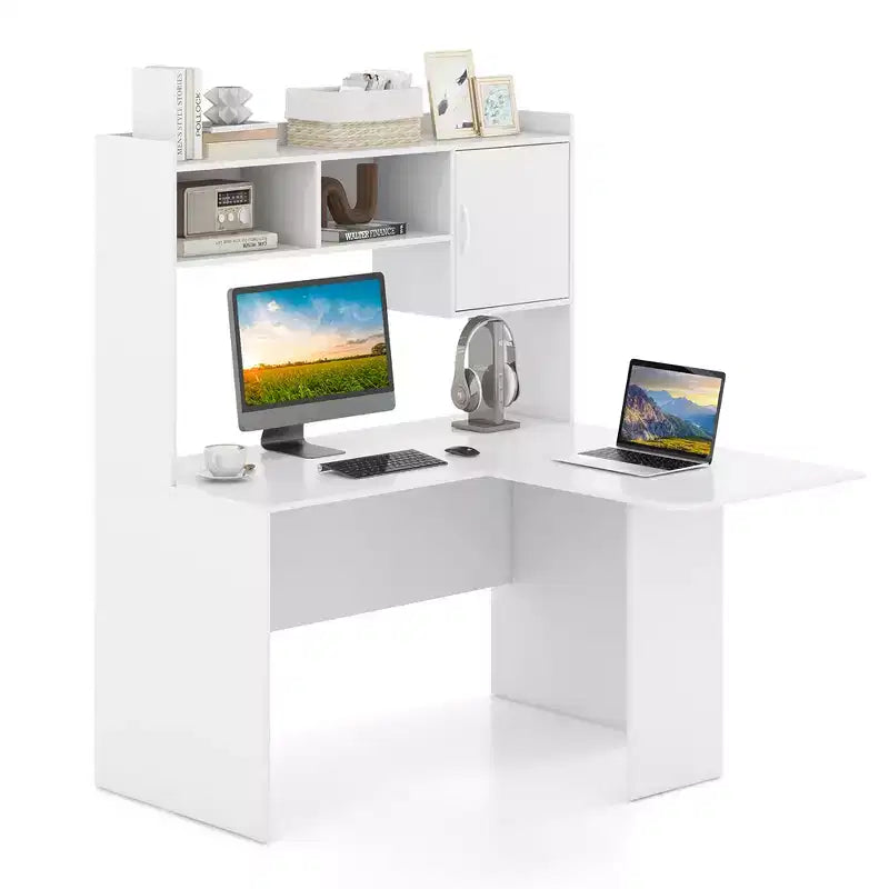 Costway L-Shaped Desk w/ Open Storage Hutch Corner Computer Desk w/ Shelves & Cabinet