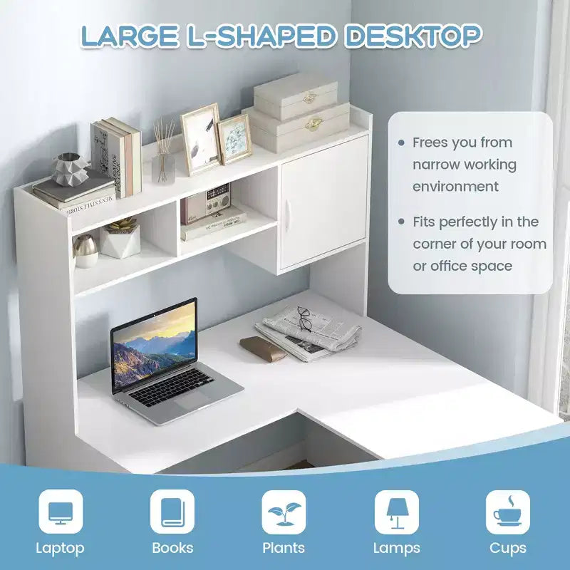 Bureau d'angle en L avec étagère de rangement ouverte Bureau d'ordinateur d'angle avec étagères et placard