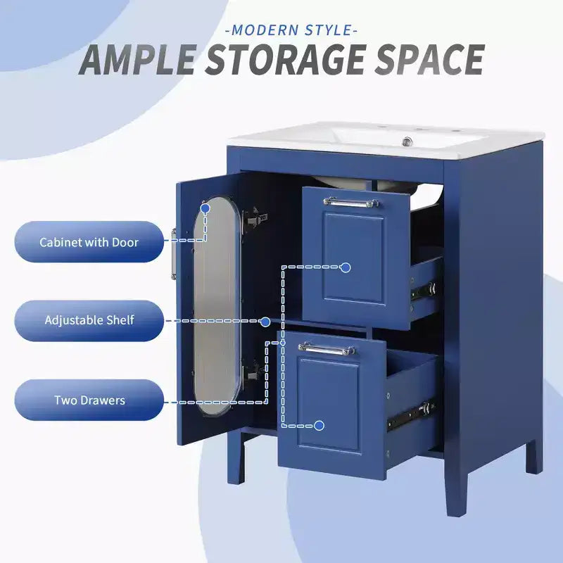 Meuble-lavabo de salle de bain de 24 po avec évier, meuble-lavabo de salle de bain avec deux tiroirs et porte, étagère réglable, noir