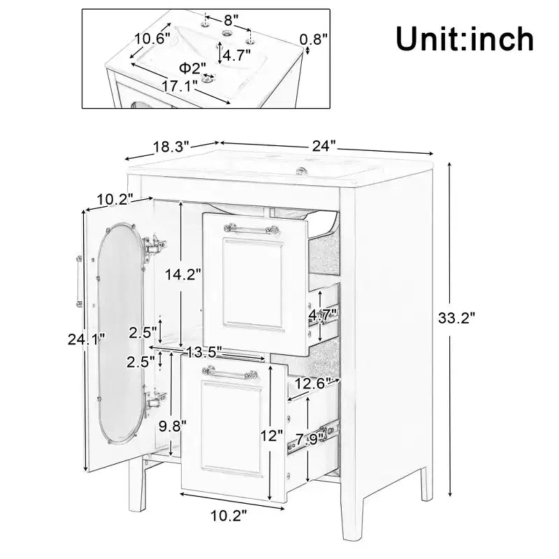 Meuble-lavabo de salle de bain de 24 po avec évier, meuble-lavabo de salle de bain avec deux tiroirs et porte, étagère réglable, noir