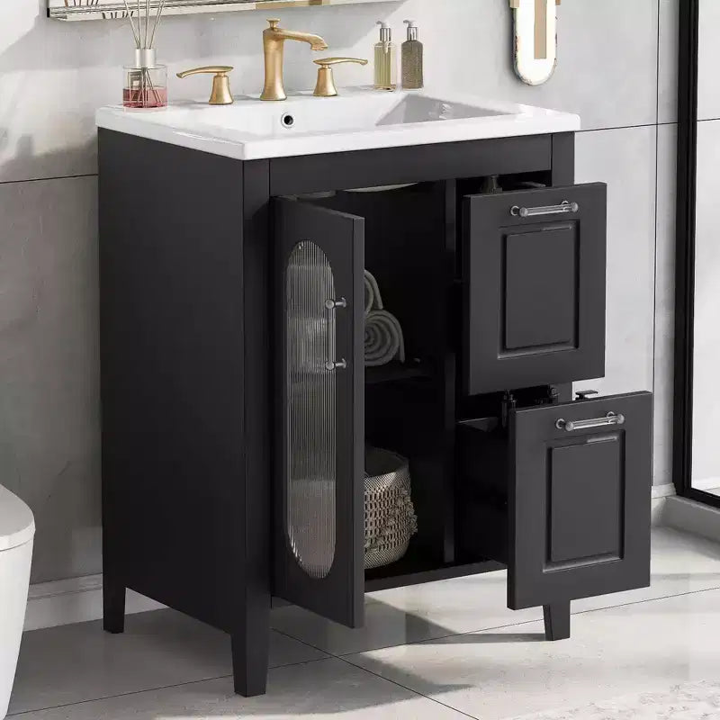 Meuble-lavabo de salle de bain de 24 po avec évier, meuble-lavabo de salle de bain avec deux tiroirs et porte, étagère réglable, noir