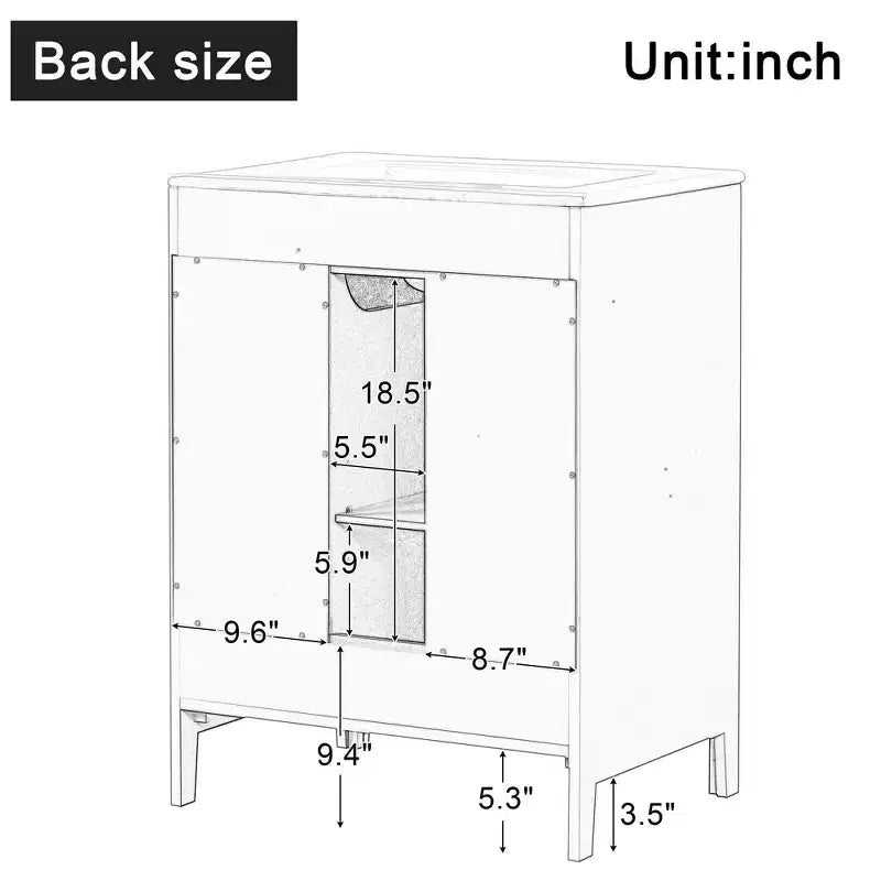 Meuble-lavabo de salle de bain de 24 po avec évier, meuble-lavabo de salle de bain avec deux tiroirs et porte, étagère réglable, noir