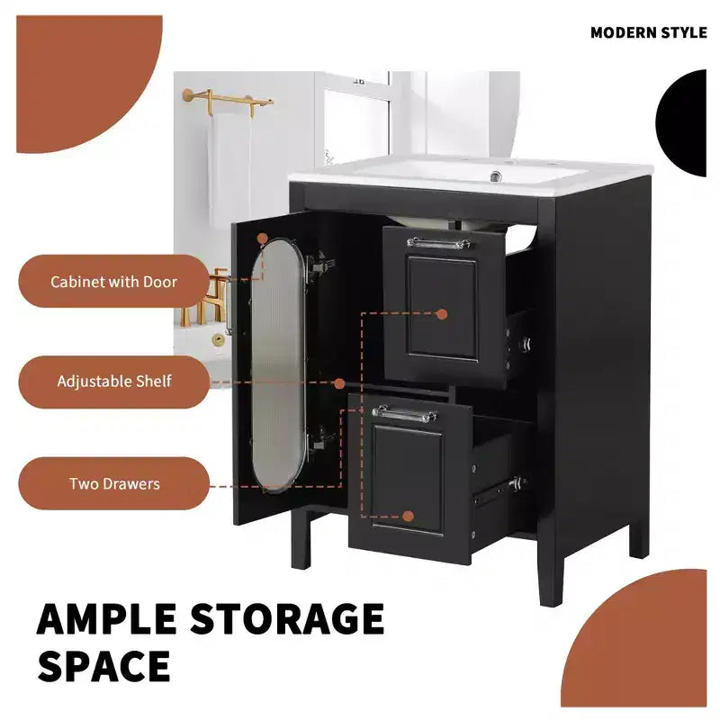 Meuble-lavabo de salle de bain de 24 po avec évier, meuble-lavabo de salle de bain avec deux tiroirs et porte, étagère réglable, noir
