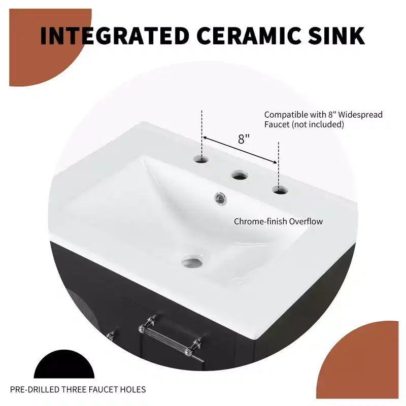 Meuble-lavabo de salle de bain de 24 po avec évier, meuble-lavabo de salle de bain avec deux tiroirs et porte, étagère réglable, noir