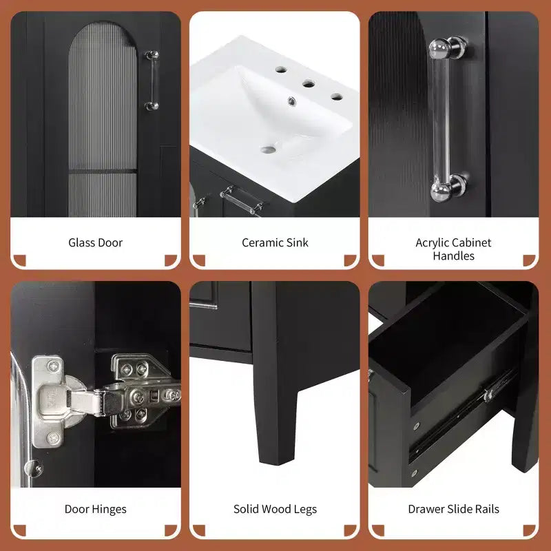 Meuble-lavabo de salle de bain de 24 po avec évier, meuble-lavabo de salle de bain avec deux tiroirs et porte, étagère réglable, noir