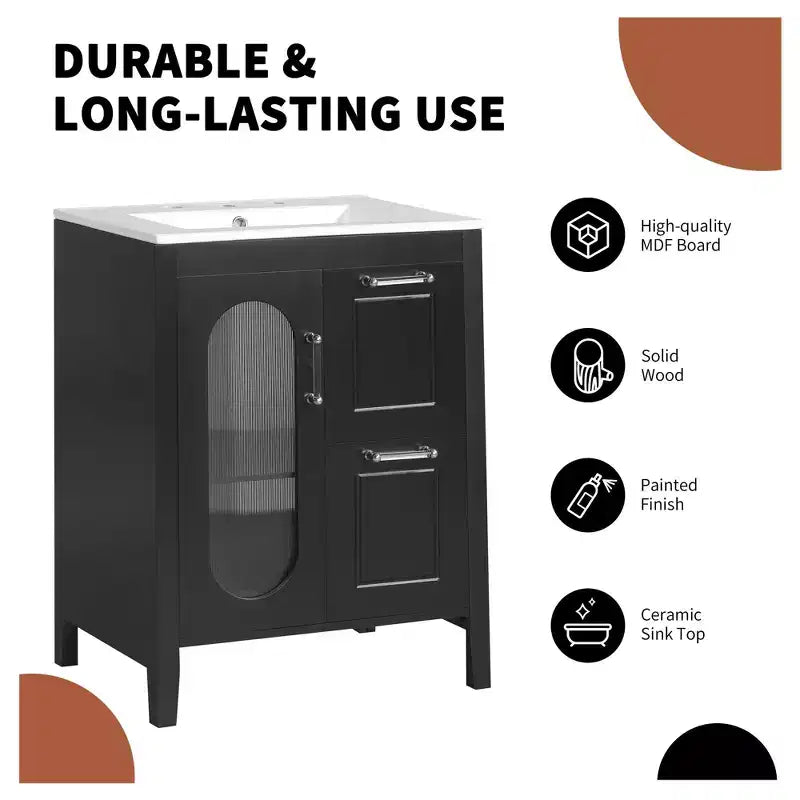 Meuble-lavabo de salle de bain de 24 po avec évier, meuble-lavabo de salle de bain avec deux tiroirs et porte, étagère réglable, noir