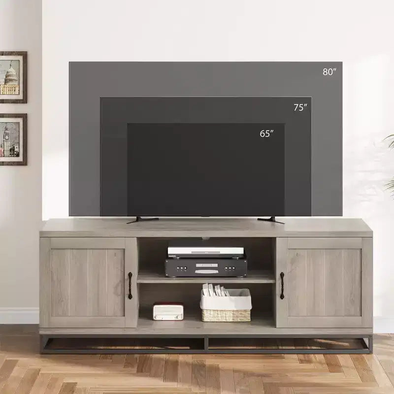 Meuble TV de style ferme pour 75 pouces, Centre de divertissement gris avec pieds en métal robustes et étagères réglables, Meuble console TV et multimédia en bois