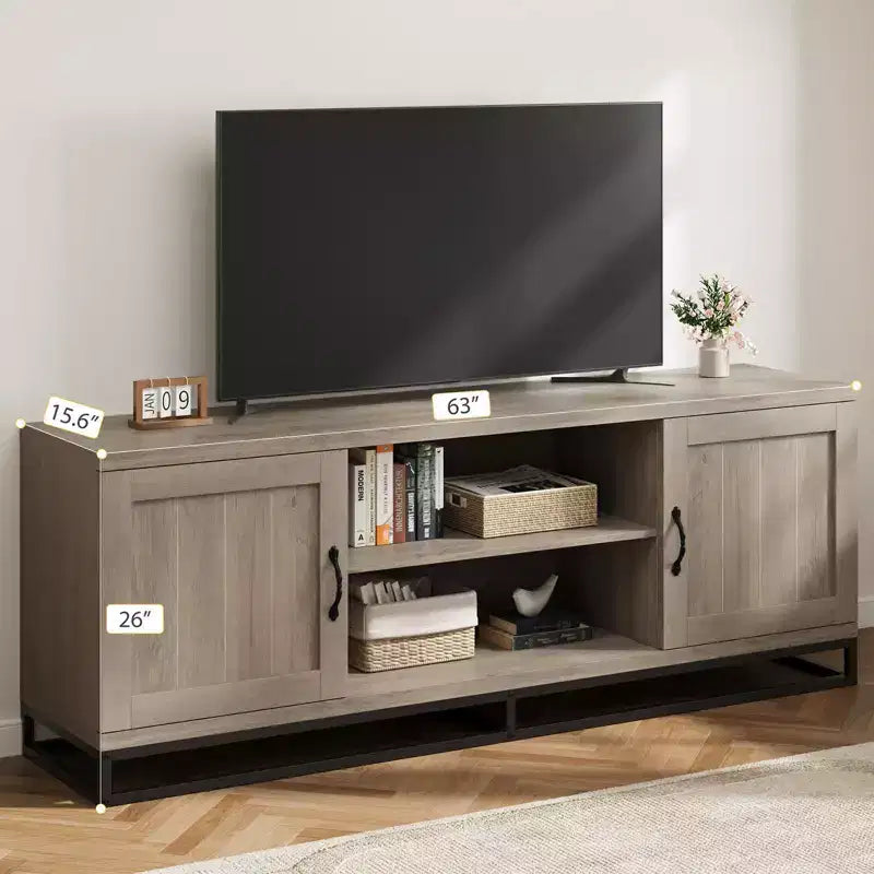 Meuble TV de style ferme pour 75 pouces, Centre de divertissement gris avec pieds en métal robustes et étagères réglables, Meuble console TV et multimédia en bois