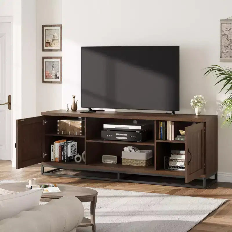 Meuble TV de style ferme pour 75 pouces, Centre de divertissement gris avec pieds en métal robustes et étagères réglables, Meuble console TV et multimédia en bois