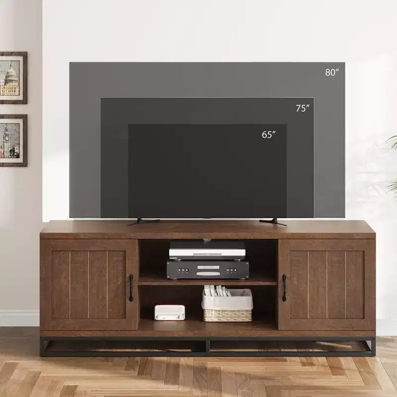 Meuble TV de style ferme pour 75 pouces, Centre de divertissement gris avec pieds en métal robustes et étagères réglables, Meuble console TV et multimédia en bois