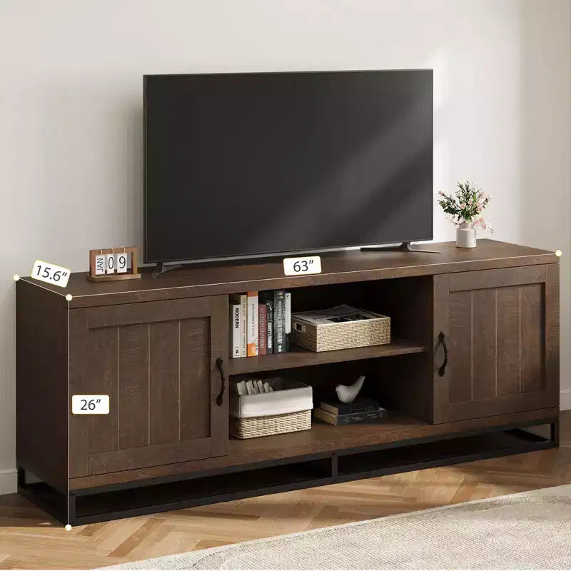 Meuble TV de style ferme pour 75 pouces, Centre de divertissement gris avec pieds en métal robustes et étagères réglables, Meuble console TV et multimédia en bois