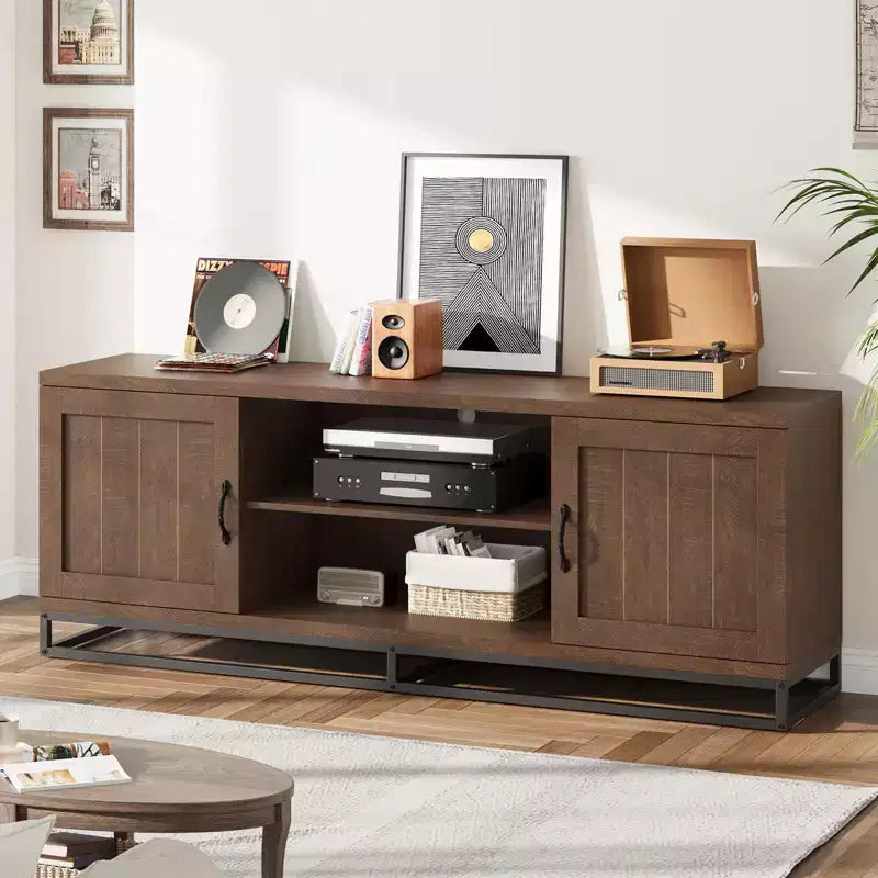 Farmhouse TV Stand for 75 in, Grey Entertainment Center with Sturdy Metal Leg & Adjustable Shelves, Wooden TV & Media Console Cabinet