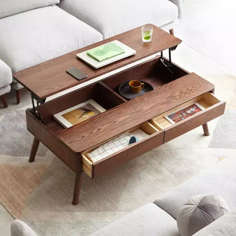 39 Inch Lift Top Coffee Table, Solid Oak Rectangle Center Table with Hidden Compartment, Modern Cocktail Table for Home Living Room Office