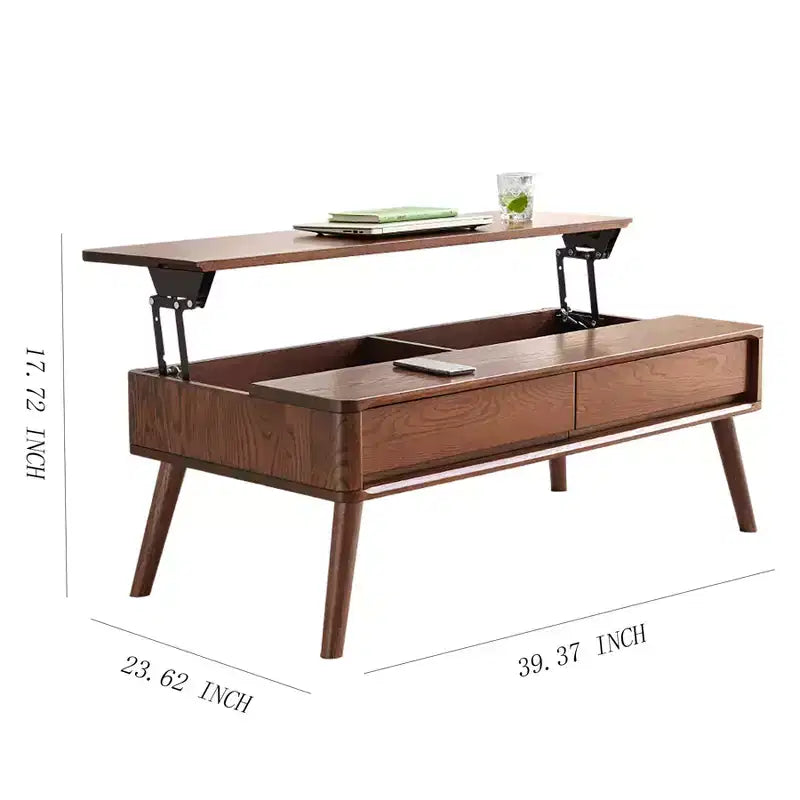 Table basse élévatrice de 99 cm, table centrale rectangulaire en chêne massif avec compartiment caché, table de cocktail moderne pour salon ou bureau