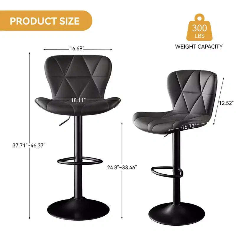 Lot de 2 tabourets de bar réglables en similicuir, chaises de bar pivotantes à hauteur de comptoir avec dossier ergonomique et base en métal pour îlot de cuisine, bar à domicile, noir