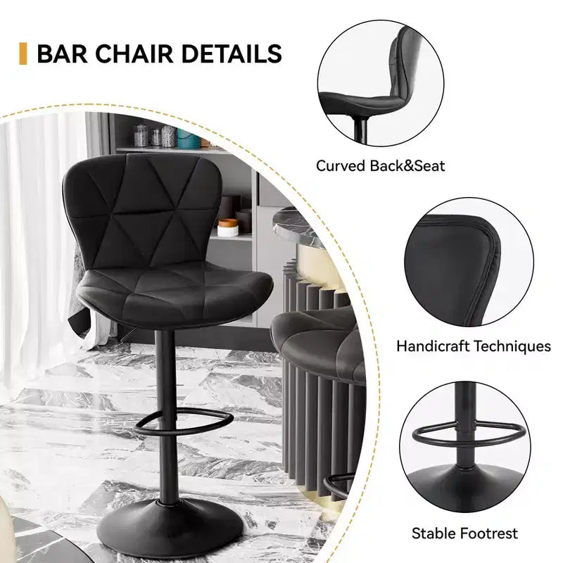 Lot de 2 tabourets de bar réglables en similicuir, chaises de bar pivotantes à hauteur de comptoir avec dossier ergonomique et base en métal pour îlot de cuisine, bar à domicile, noir