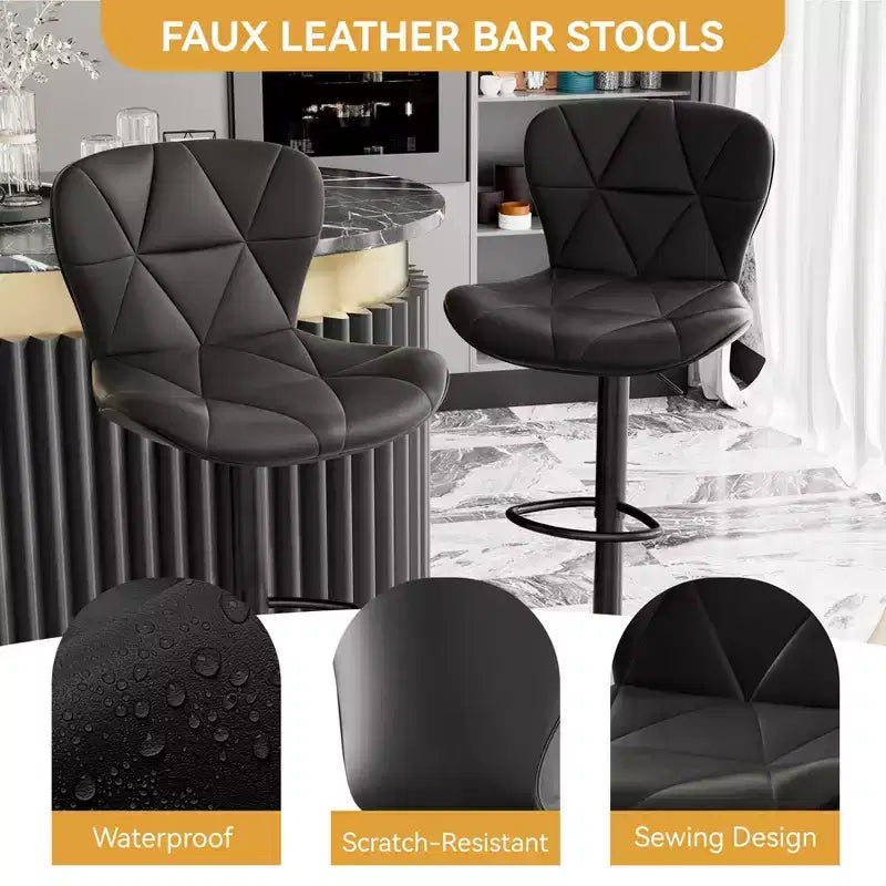 Lot de 2 tabourets de bar réglables en similicuir, chaises de bar pivotantes à hauteur de comptoir avec dossier ergonomique et base en métal pour îlot de cuisine, bar à domicile, noir