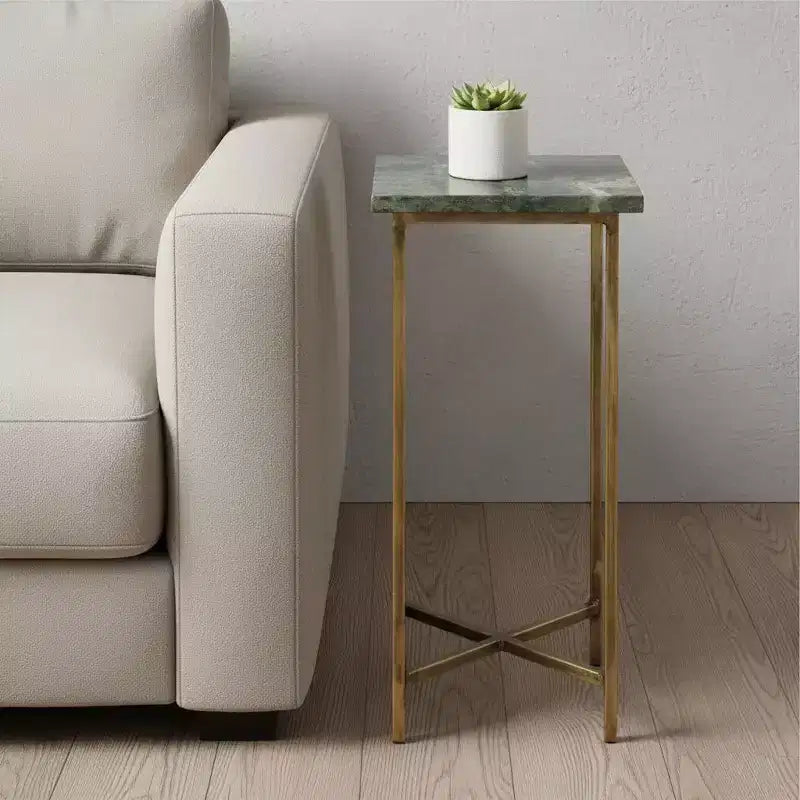Table d'appoint carrée marbre vert et or avec plateau de rangement