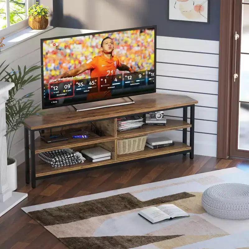 Besiost 55'' Corner TV Stand with Charging Station, TV Console Table with 4 Open Storage Shelves