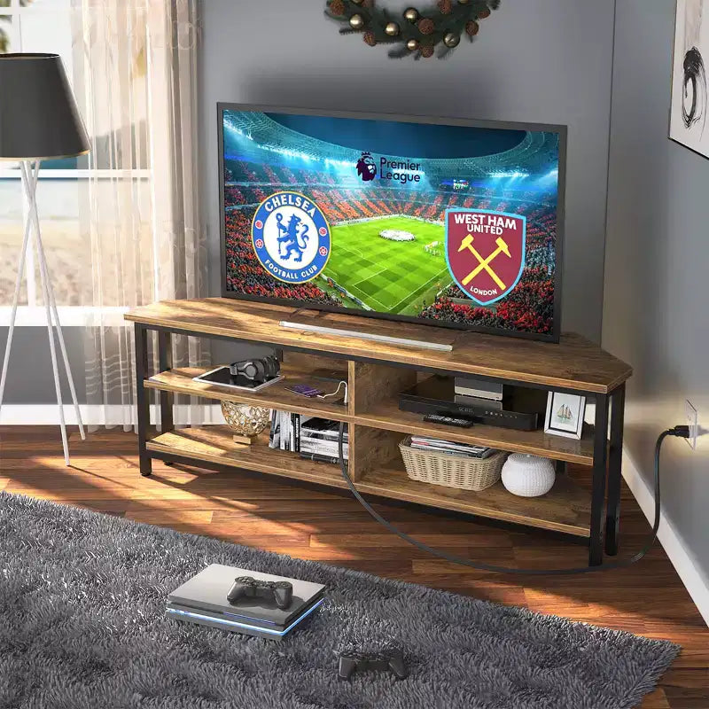 Meuble TV d'angle avec station de charge, Table console TV avec 4 étagères de rangement ouvertes
