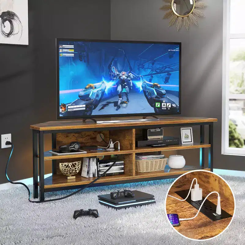 Meuble TV d'angle avec station de charge, Table console TV avec 4 étagères de rangement ouvertes
