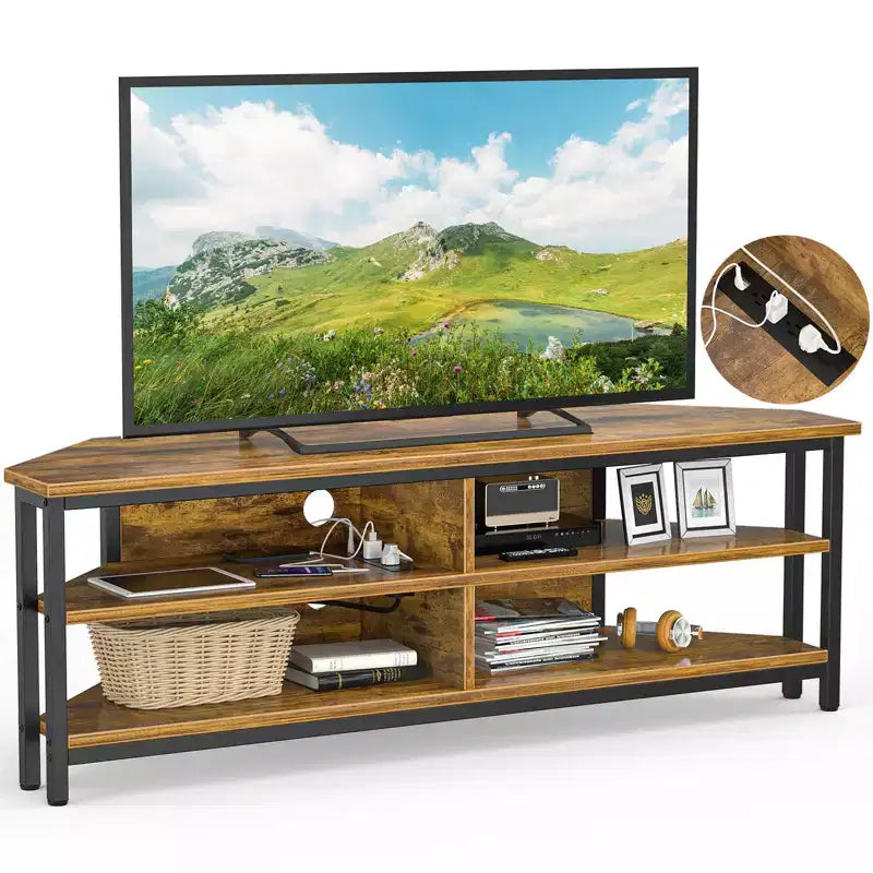 Meuble TV d'angle avec station de charge, Table console TV avec 4 étagères de rangement ouvertes