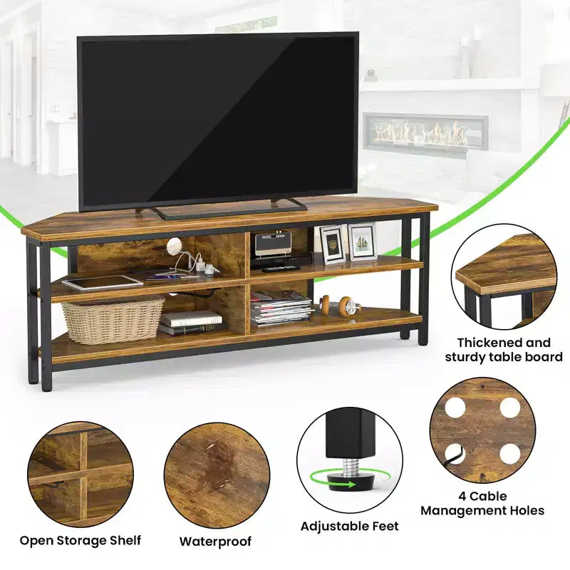 Meuble TV d'angle avec station de charge, Table console TV avec 4 étagères de rangement ouvertes