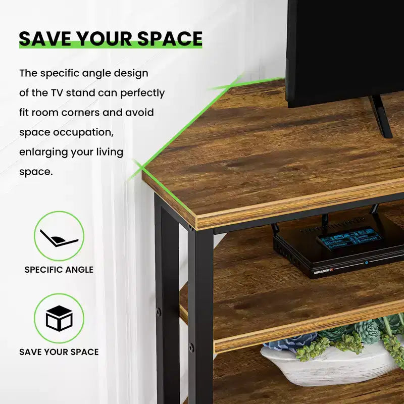 Meuble TV d'angle avec station de charge, Table console TV avec 4 étagères de rangement ouvertes