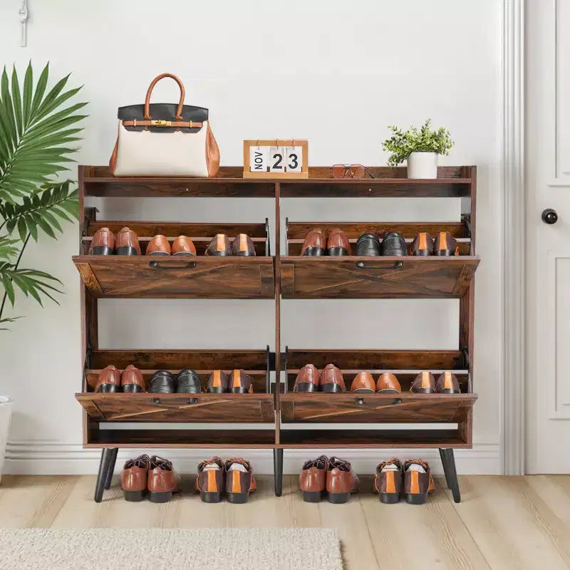 Meuble à chaussures avec 4 tiroirs basculants, meuble de rangement pour chaussures de ferme avec pieds en bois et dispositif anti-basculement, organisateur de chaussures autoportant, marron