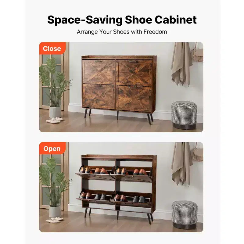 Meuble à chaussures avec 4 tiroirs basculants, meuble de rangement pour chaussures de ferme avec pieds en bois et dispositif anti-basculement, organisateur de chaussures autoportant, marron
