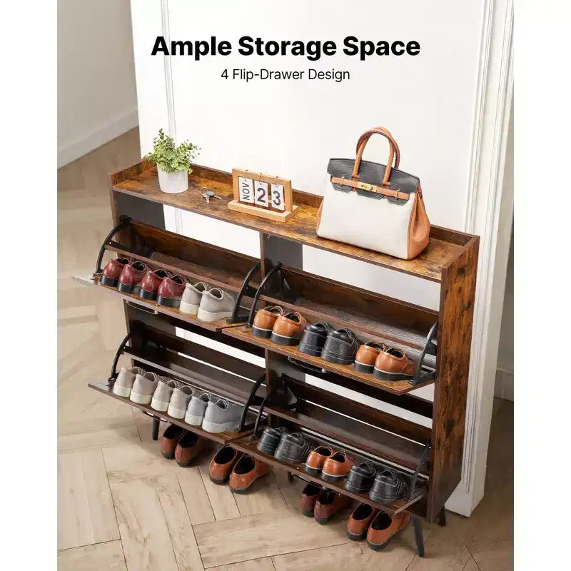 Meuble à chaussures avec 4 tiroirs basculants, meuble de rangement pour chaussures de ferme avec pieds en bois et dispositif anti-basculement, organisateur de chaussures autoportant, marron