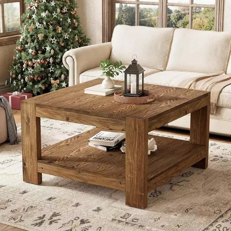 Table basse en bois massif à 2 niveaux, table centrale de ferme carrée de 80 cm pour salon, petite table à thé/cocktail pour petits espaces
