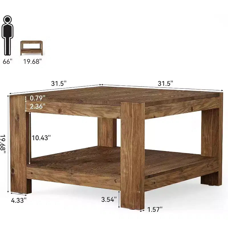 Table basse en bois massif à 2 niveaux, table centrale de ferme carrée de 80 cm pour salon, petite table à thé/cocktail pour petits espaces