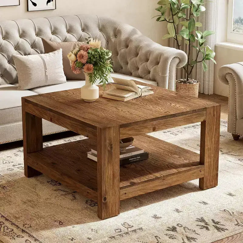 Table basse en bois massif à 2 niveaux, table centrale de ferme carrée de 80 cm pour salon, petite table à thé/cocktail pour petits espaces