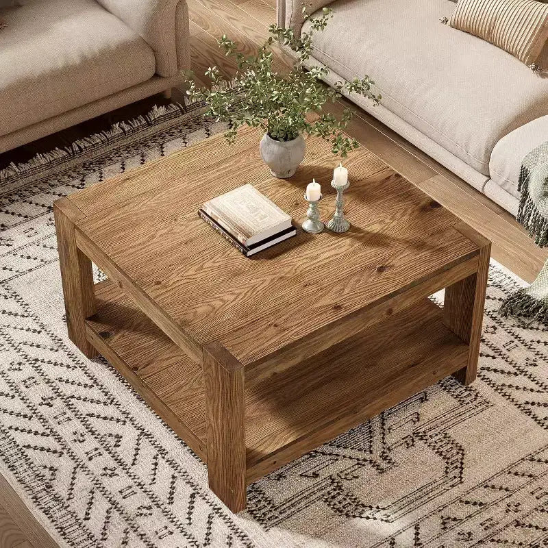 Table basse en bois massif à 2 niveaux, table centrale de ferme carrée de 80 cm pour salon, petite table à thé/cocktail pour petits espaces