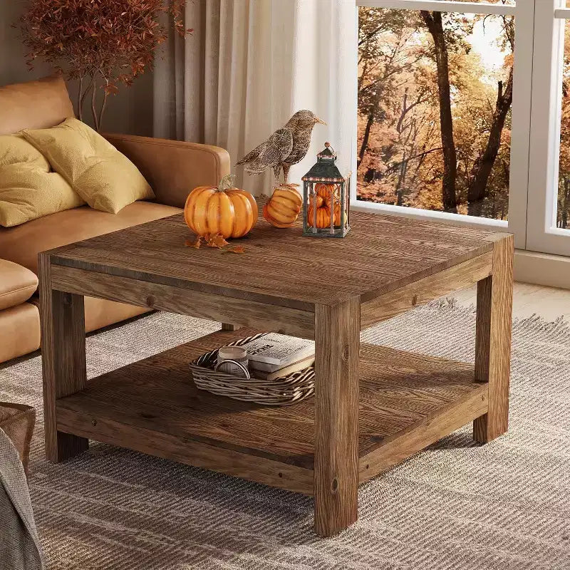 Table basse en bois massif à 2 niveaux, table centrale de ferme carrée de 80 cm pour salon, petite table à thé/cocktail pour petits espaces