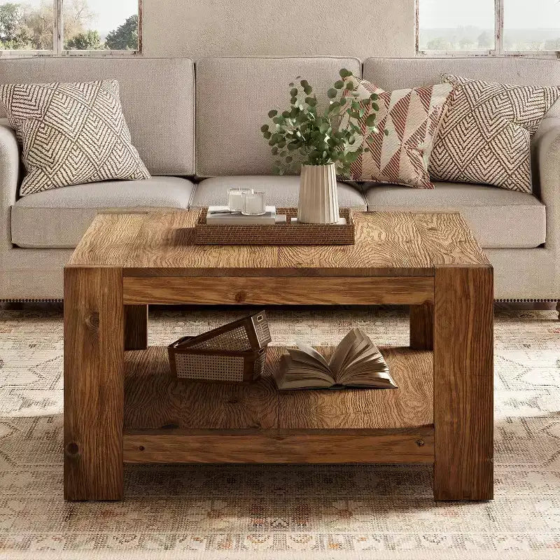 Table basse en bois massif à 2 niveaux, table centrale de ferme carrée de 80 cm pour salon, petite table à thé/cocktail pour petits espaces