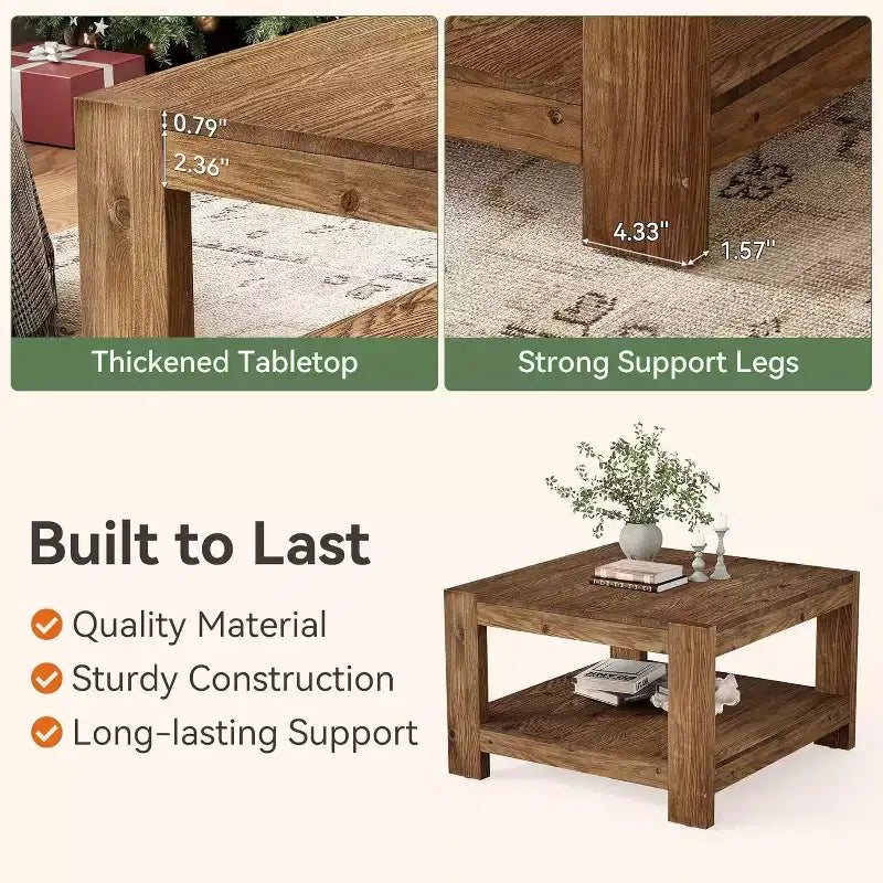 Table basse en bois massif à 2 niveaux, table centrale de ferme carrée de 80 cm pour salon, petite table à thé/cocktail pour petits espaces