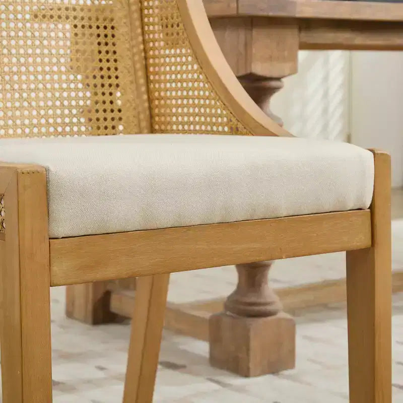Chaises de salle à manger en rotin de ferme, chaises d'appoint style bohème, revêtement en lin doux, chaises de cuisine en bois d'hévéa massif, décoration d'intérieur, capacité de 136 kg