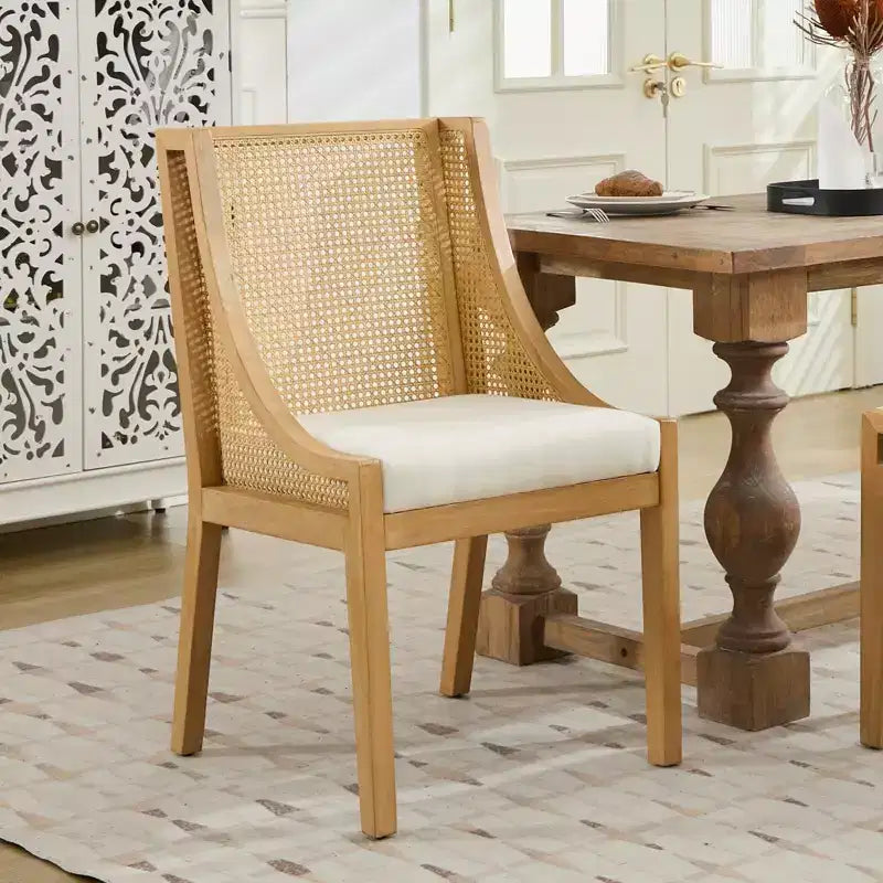 TUYOHW Farmhouse Rattan Dining Chairs,Boho Style Side Chairs Soft Linen Upholstered,Solid Rubberwood Kitchen Chairs,Home Decor,300lbs Capacity